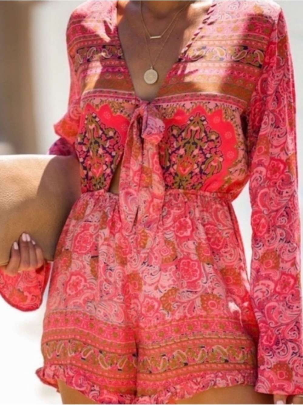 Raga Nidhi Paisley Tie Front Ruffle Romper